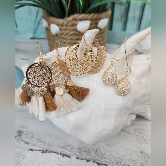 NEW 3 Pair of Earrings Tassel and Faux Pearl - Picture 3 of 8